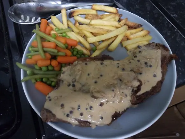 Steak and Homemade Peppercorn Sauce